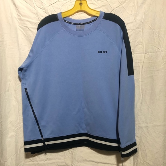 DKNY SPORT Sweatshirt Large Lt Blue, Black, White. Striped Trim. 2 Zippers. - Picture 2 of 7
